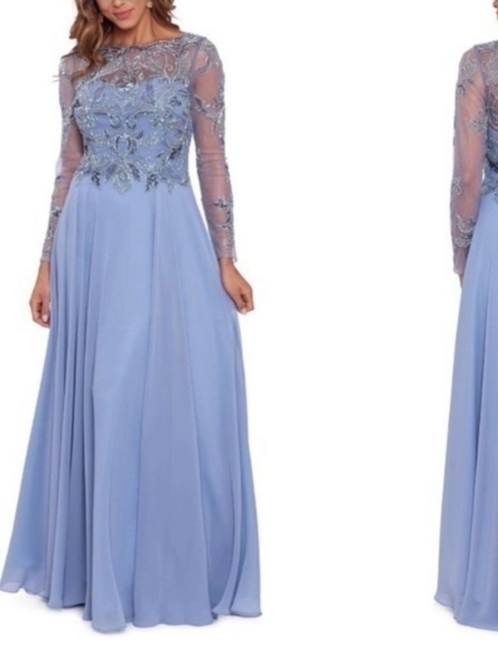 NWT Xscape Petite Sequin Long Sleeve Boat Neck Chiffon Gown Dusty Blue Sz 10P